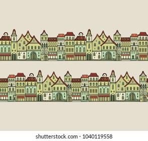 Seamless vector border pattern with old houses