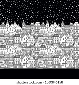 Seamless vector border pattern with old houses, starry night, coloring illustration on dark background