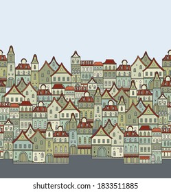 Seamless vector border pattern with old houses, rainy day