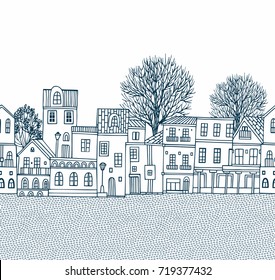 Seamless vector border pattern with old 
 style houses 