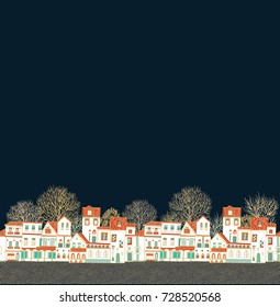 Seamless vector border  pattern with old white houses on black background
