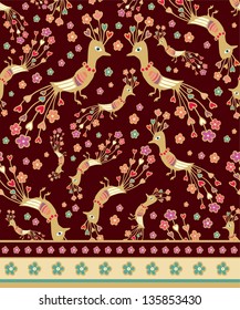 Seamless vector border  pattern with peacocks, hearts, flowers