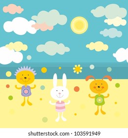 Seamless vector border pattern  with rabbit, dog, hedgehog on the sunny sea beach
