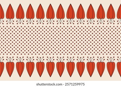 Seamless vector border pattern with red buds and dots. Decorative stripe for textiles, fabrics, wallpapers and other surfaces.