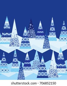 Seamless vector border pattern with stylized christmas trees on blue zigzag background