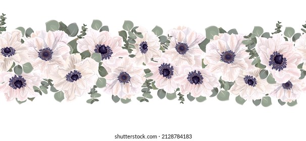 Patrón de borde vectorial sin cable. Anemones blancos, eucalipto, plantas verdes y hojas. Elementos para el diseño de bodas