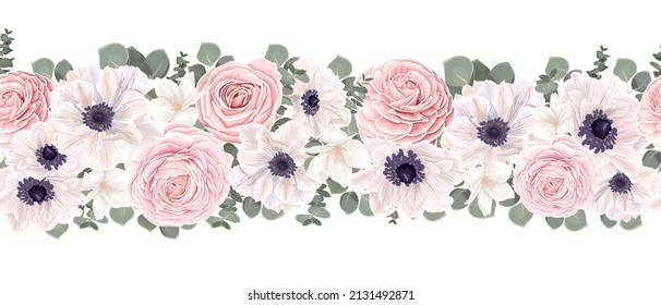 Seamless vector border pattern. White anemones, pink roses, eucalyptus, white magnolia, green plants and leaves. Elements for wedding design