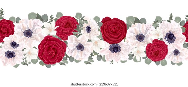 Seamless vector border pattern. White anemones, red roses, eucalyptus, white magnolia, green plants and leaves. Elements for wedding design