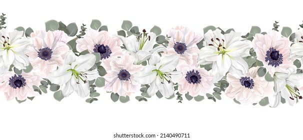 Seamless vector border pattern. White anemones, lily, eucalyptus, green plants and leaves. Elements for wedding design