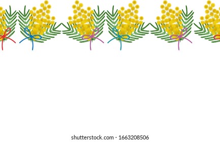 Seamless vector border pattern - yellow mimosa. Horizontal. Color lace decoration. Bouquets on an isolated background. Idea for a book, greeting card design, invitation. Floral print. Flat style.