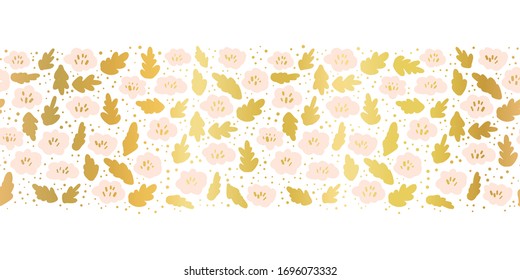 Seamless Vector Border Pink And Metallic Gold Foil Flowers. Shiny Golden Pale Pink On White Floral Pattern. Repeating Ditsy Flower Border. Summer Or Spring Design. For Elegant Decor, Footer, Cards