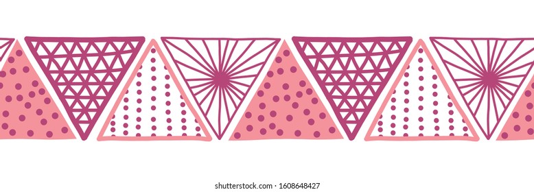 Seamless vector border pink triangles. Hand drawn Boho style pattern tribal ethnic motifs pink. Geometric repeating background. Sun symbol. Triangle shape repeat tile for banners, card, fabric, ribbon