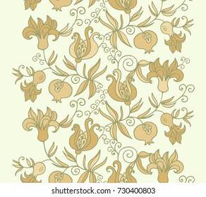 Seamless vector border  with pomegranate fruits and flowers in retro style