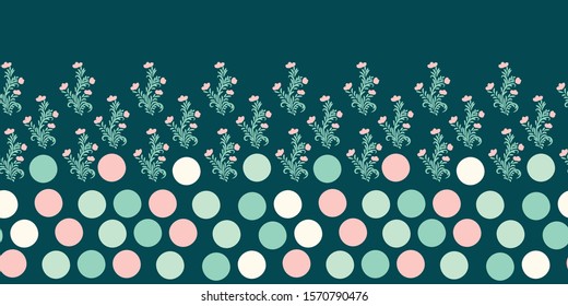 A seamless vector border print with colorful dots and ornamental florals. Great embellishment for cards, posters and packaging.