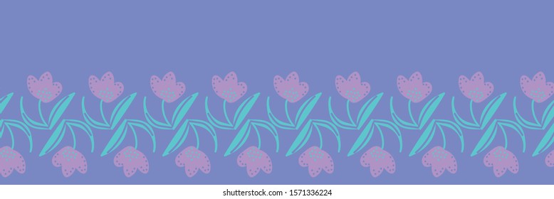 A seamless vector border print with purple crocus flowers. Great embellishment for cards, posters and fabrics. Can be repeated to create striped seamless floral pattern.