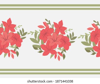 Seamless vector border. Red flowers and flower buds of azaleas. Suitable for textiles, Wallpaper, manufacturing, design, interior.