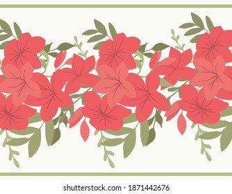 Seamless vector border. Red flowers, Azalea flower buds in bouquets. Suitable for textiles, Wallpaper, manufacturing, design, interior.