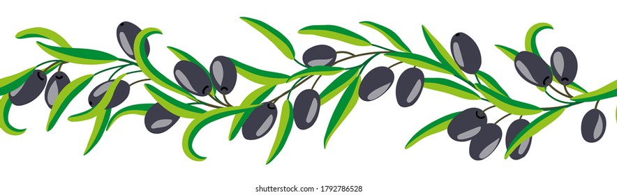 Seamless vector border with ripe black olives on a white background. Stylish packaging design for olive oil, Italian, Greek or Turkish cuisine, natural cosmetics. Suitable for wrapping paper, textiles