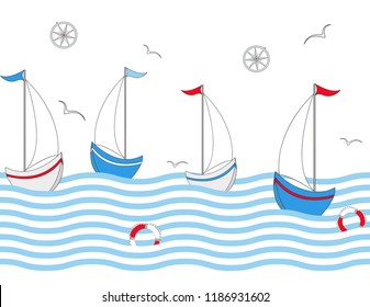 Seamless vector border with sailing ships, seagulls, sea waves.