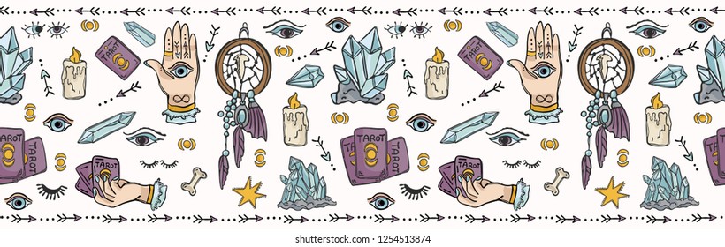 Seamless Vector Border, Spiritual Symbols And Well Being Concept Illustration On Meditation Healing With Candles, Crystals. Mindful Tarot Card Reading For Spiritual Insight. Lilac Purple Teal Blue