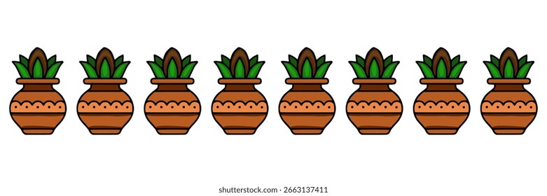 Borde de Vector sin costuras de macetas de terracota estilizadas con plantas verdes, con un borde decorativo repetitivo, ideal para el diseño textil o la decoración de superficies.