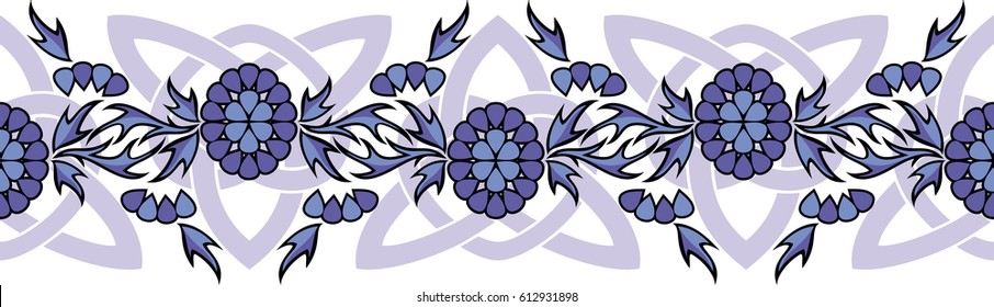 seamless vector border with violet flowers and Celtic knots