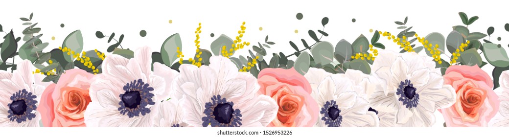 Seamless vector border. White anemones, pink roses, mimosa flowers, eucalyptus, green plants and leaves.