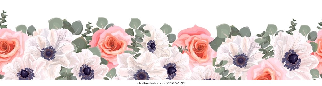 Seamless vector border. White anemones, pink roses, eucalyptus, green plants and leaves. Elements for wedding design