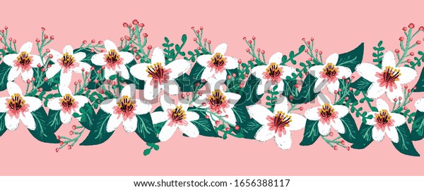 Seamless vector border white flowers Cherry
blossom. White and pink Sakura blossom or Japanese flowering cherry
symbolic of spring on pink repeating pattern. For fabric trim,
footer, header,
wedding
