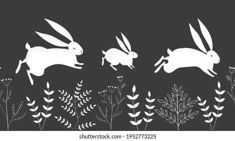 Seamless vector border with white hares and plants on a black background. Rabbits run.