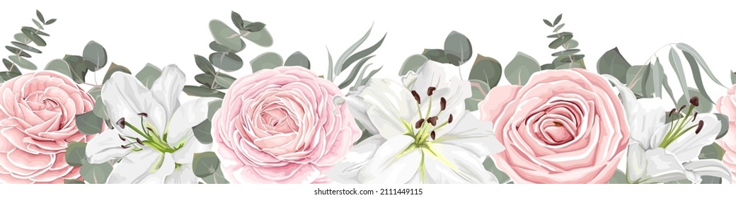 Seamless vector border. White lilies, pink roses, eucalyptus, green plants and leaves. Elements for wedding design