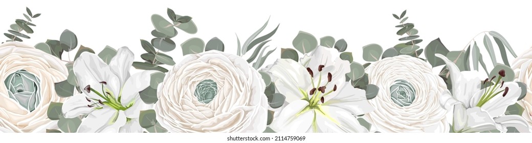 Seamless vector border. White lilies, white roses, eucalyptus, green plants and leaves. Elements for wedding design