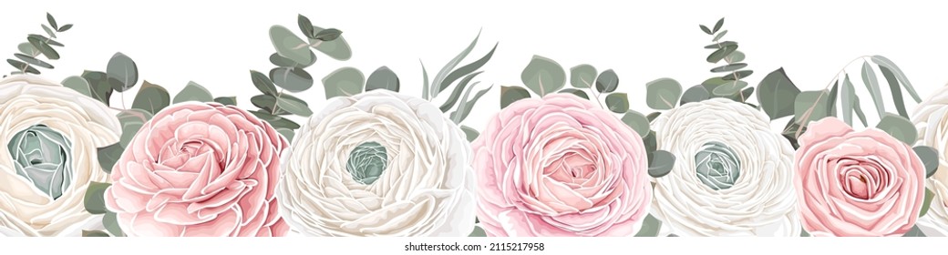 Borde vectorial impecable. Rosas blancas, rosas blancas, eucalipto, plantas verdes y hojas. Elementos para el diseño de bodas