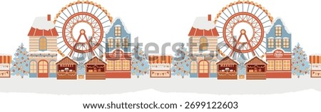 Seamless vector border. Winter amusement park, Christmas market, winter town, Christmas street. Christmas holiday fair, Ferris wheel, Christmas tree, winter houses. Hand-drawn flat illustration