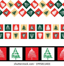 Seamless vector borders from various sketches decorative christmas trees 