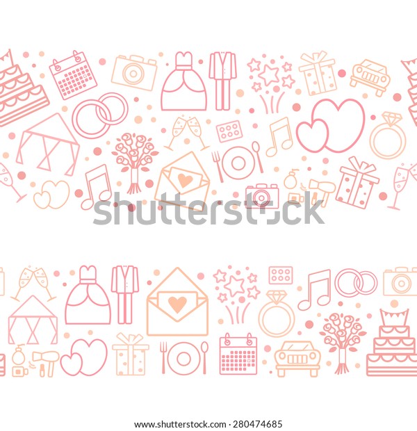 Seamless vector borders of wedding vector icons.\
Wedding dress, suit, car, engagement ring, bride\'s bouquet, etc.\
Good as wedding invitation\'s background, wrapping paper, as print\
for gift\'s package.