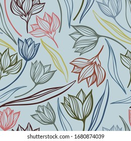 Seamless vector botanical colourful pattern with lined decorative spring tulips on a turquoise background. Can be used for printing on paper, stickers, badges, bijouterie, cards, textiles. 