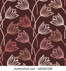 Seamless vector botanical colourful pattern with lined decorative spring light tulips on dark background in red tones. Can be used for printing on paper, stickers, badges, bijouterie, cards, textiles
