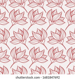 Seamless vector botanical colourful pattern with lined decorative spring light tulips on white background in red tones. Can be used for printing on paper, stickers, badges, bijouterie, cards, textiles