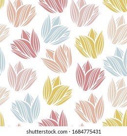 Seamless vector botanical colourful pattern with lined decorative spring light tulips on white background in pastel tones. Can be used for printing on paper, stickers, badges, cards, textiles
