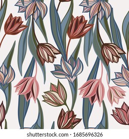 Seamless vector botanical colourful pattern with lined decorative spring light tulips on white background in pastel tones. Can be used for printing on paper, stickers, badges, cards, textiles