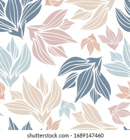 Seamless vector botanical colourful pattern with lined decorative spring light tulips on white background in pastel tones. Can be used for printing on paper, stickers, badges, cards, textiles