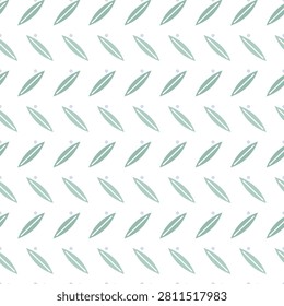 Seamless vector botanical leaf print with chevron rows of almond leaves tilted left and right in alternating shades, powder blue and lilac on white, for fabric, wrapping paper, wallpaper and packaging.