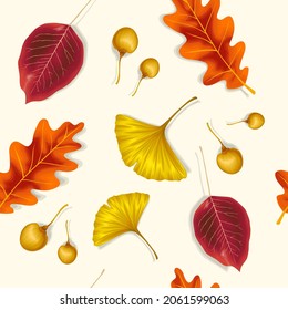 Seamless vector botanical pattern with autumn leaves: ginkgo, oak, poplar isolated on light background