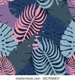 Patrón botánico de vectores inmaculado diseño abstracto colorido adorno de hojas tropicales en colores azul frío y rosa. Se puede usar para imprimir en papel, pegatinas, insignias, tarjetas, textiles. 