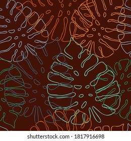 Seamless vector botanical pattern colourful abstract design ornament of lined ornamental tropical leaves on brown background. Can be used for printing on paper, stickers, badges, cards, textiles. 