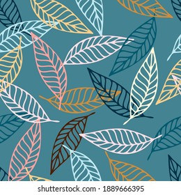 Seamless vector botanical pattern colourful abstract design lined leaves on turquoise background. The design is perfect for wrapping paper, backgrounds, textiles, wallpaper, home decor