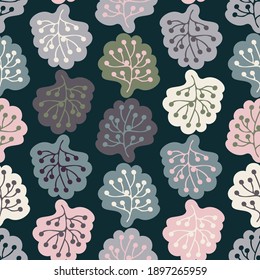 Seamless vector botanical pattern colourful abstract design shapes with ornamental branches in dark tones. The design is perfect for wrapping paper, backgrounds, textiles, wallpaper, home decor