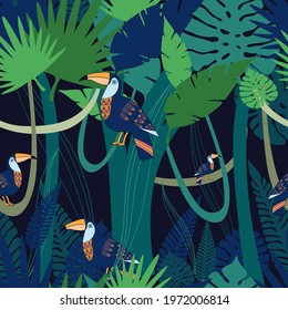 Seamless vector botanical pattern colourful abstract design of night tropical rainforest with toucans in dark blue and green tones. Can be used for wallpapers, wrapping paper, decorations