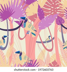 Seamless vector botanical pattern colourful abstract design of tropical forest with toucans in warm pastel colors. The design is perfect for wallpapers, wrapping paper, decorations, textiles